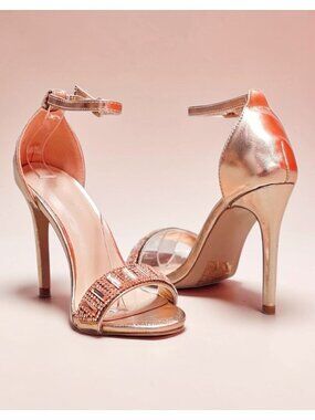 Rose Gold Ankle Strap Stiletto Heels With Rhinestone Embellished Open Toe Design